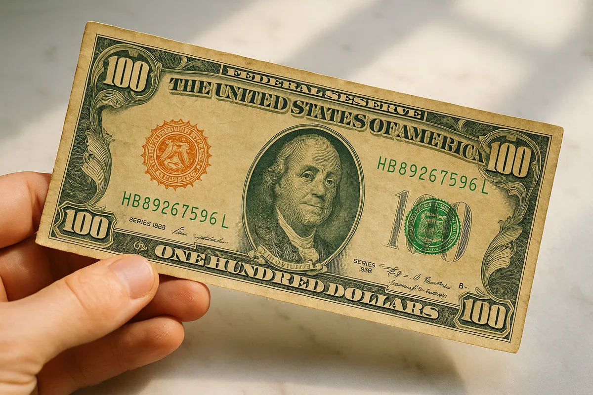 A vintage $100 bill with detailed engravings held gently on a marble surface, showcasing its historical value.