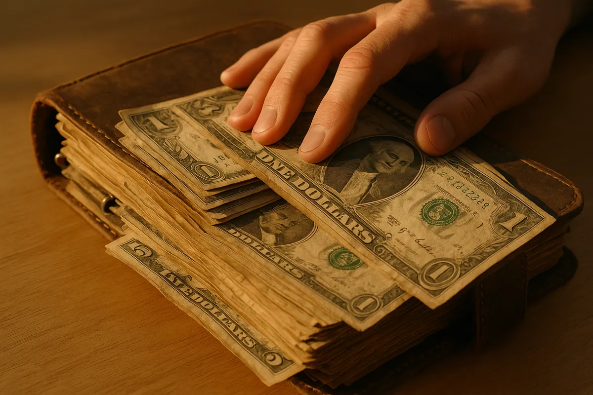 A hand gently touches old US bills in a worn binder, highlighting the nostalgia of selling vintage currency.