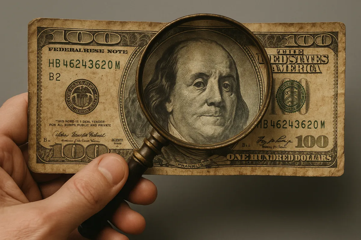 A hand examines a vintage US $100 bill with a magnifying glass, highlighting its intricate details.