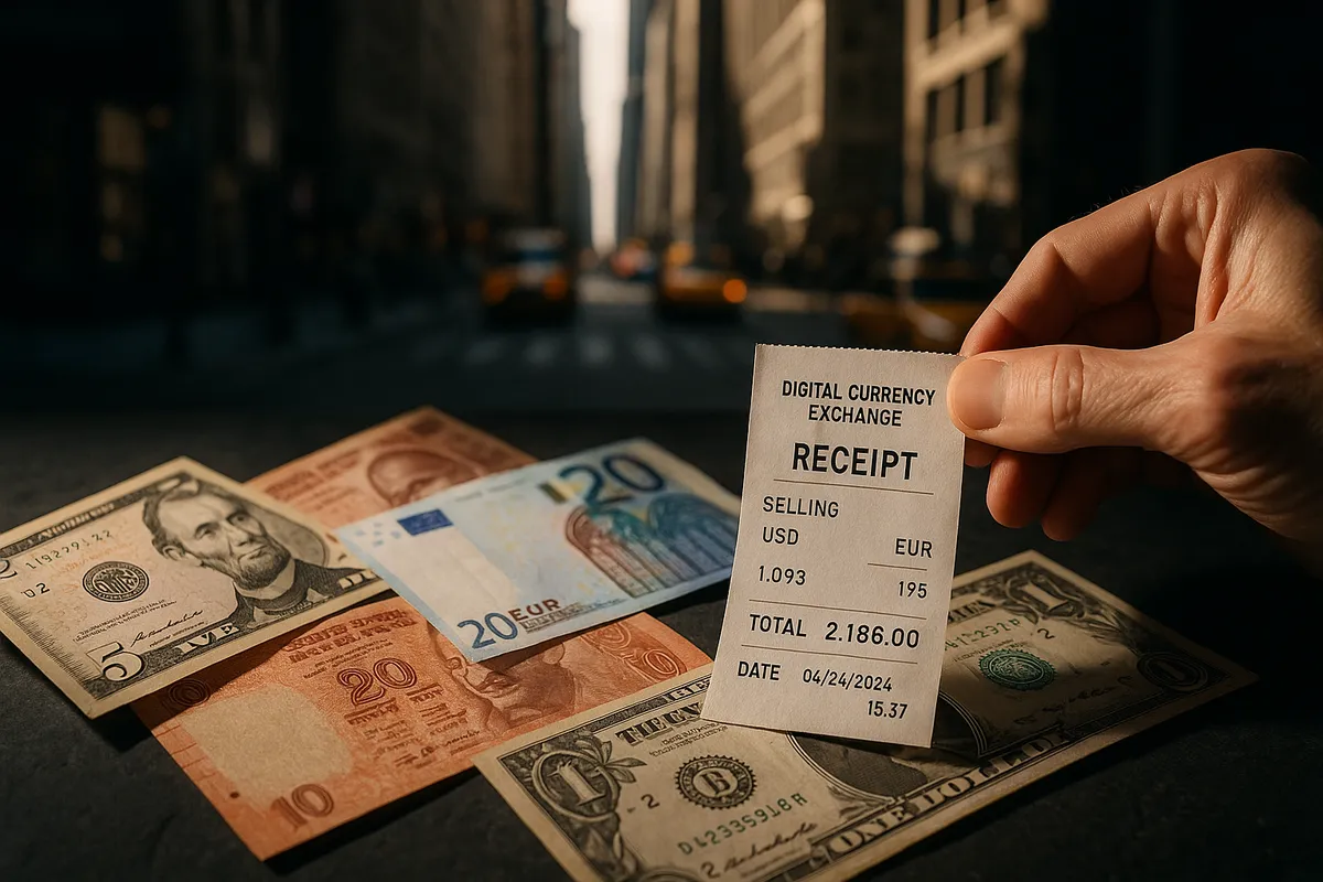 Textured banknotes from various countries with a hand holding a digital currency exchange receipt.