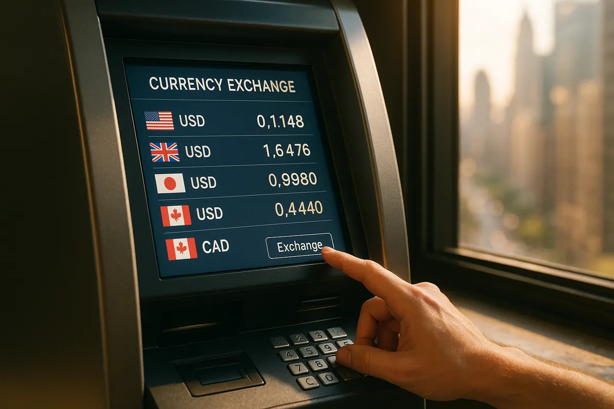 A hand taps a currency exchange machine's touchscreen displaying live rates, illuminated by soft daylight.