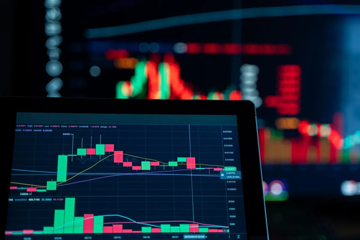 Close-up of a digital trading chart displaying vibrant graphs and data analysis for currency valuation.